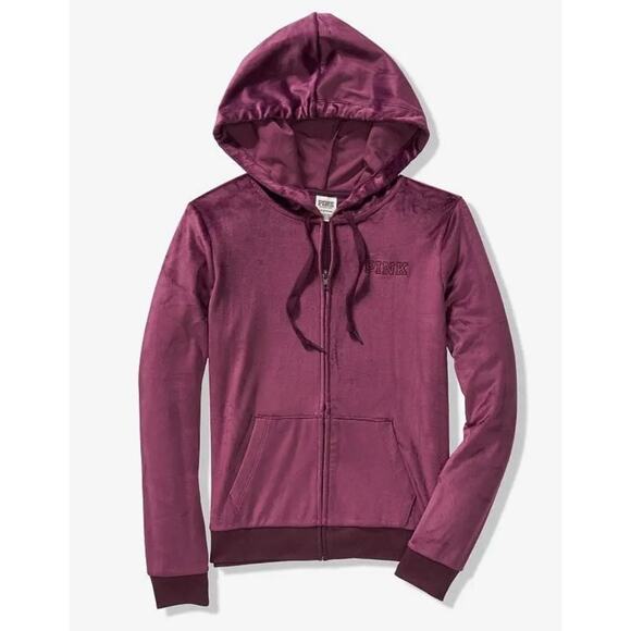 Victoria's Secret PINK Velour Perfect Full Zip Jacket Hoodie Plum Size L - Picture 2 of 12